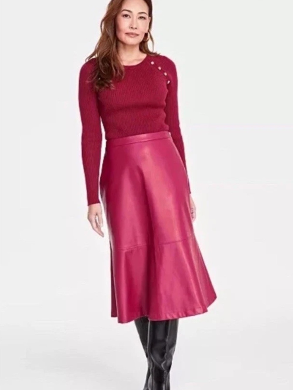 INC Women's Faux Leather Midi A-Line Flare Skirt in Crimson Autumn / Deep Pink